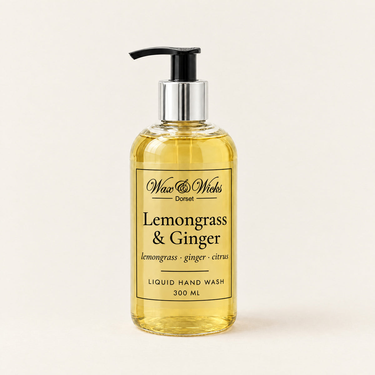 Lemongrass & Ginger liquid hand wash, 300 ml pump bottle, on a plain ivory background