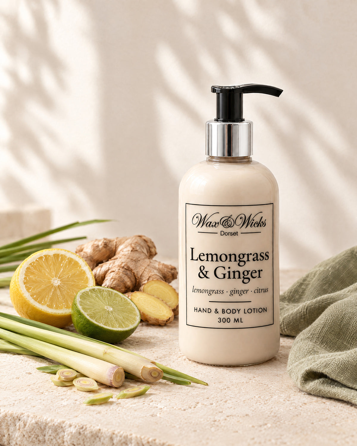 Lemongrass & Ginger hand & body lotion, 300 ml pump bottle, styled with lemongrass stalks, fresh ginger root, half a lemon and half a lime, with a sage-green linen