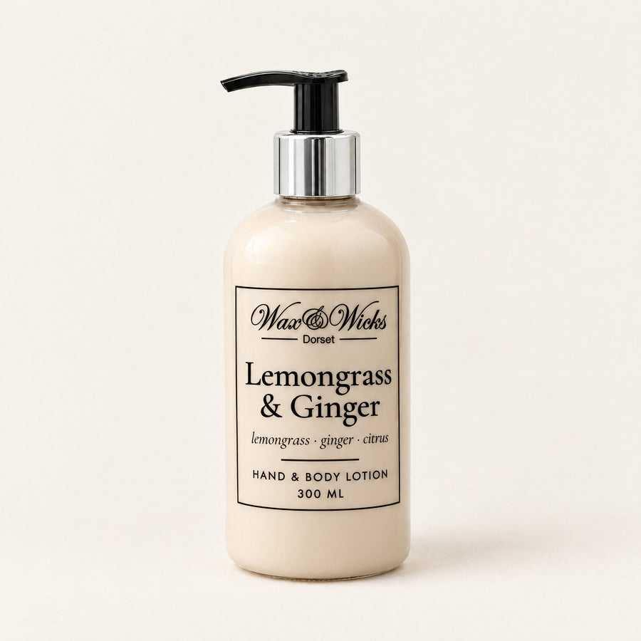 Lemongrass & Ginger hand & body lotion, 300 ml pump bottle, on a plain ivory background