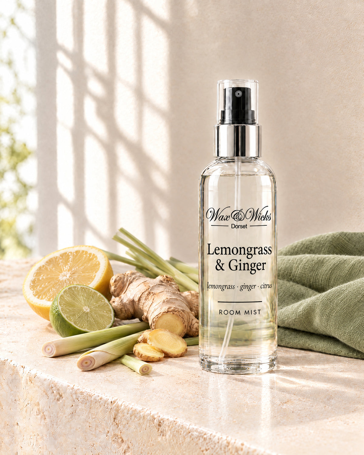 Lemongrass & Ginger room mist, 100 ml spray bottle, styled with lemongrass stalks, fresh ginger root, half a lemon and half a lime, with a sage-green linen