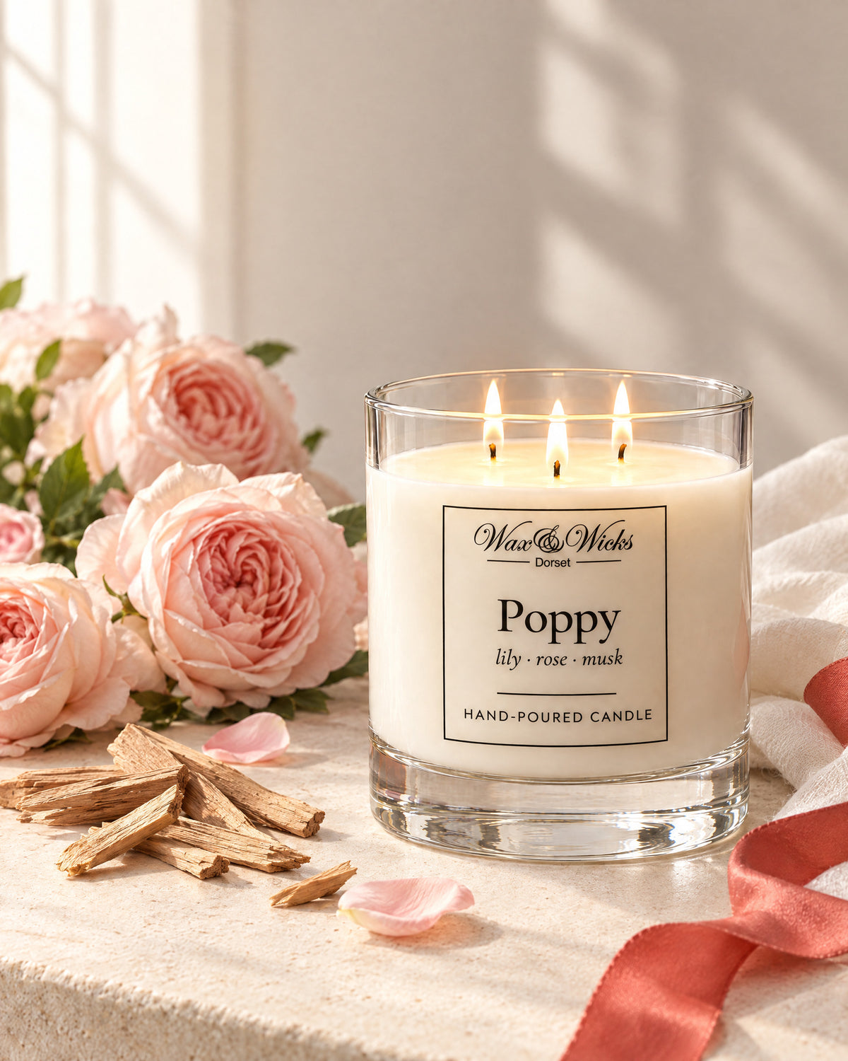 Large Poppy candle, three wicks, in a clear glass jar, styled with pale pink garden roses, sandalwood chips, white muslin and a coral-red ribbon