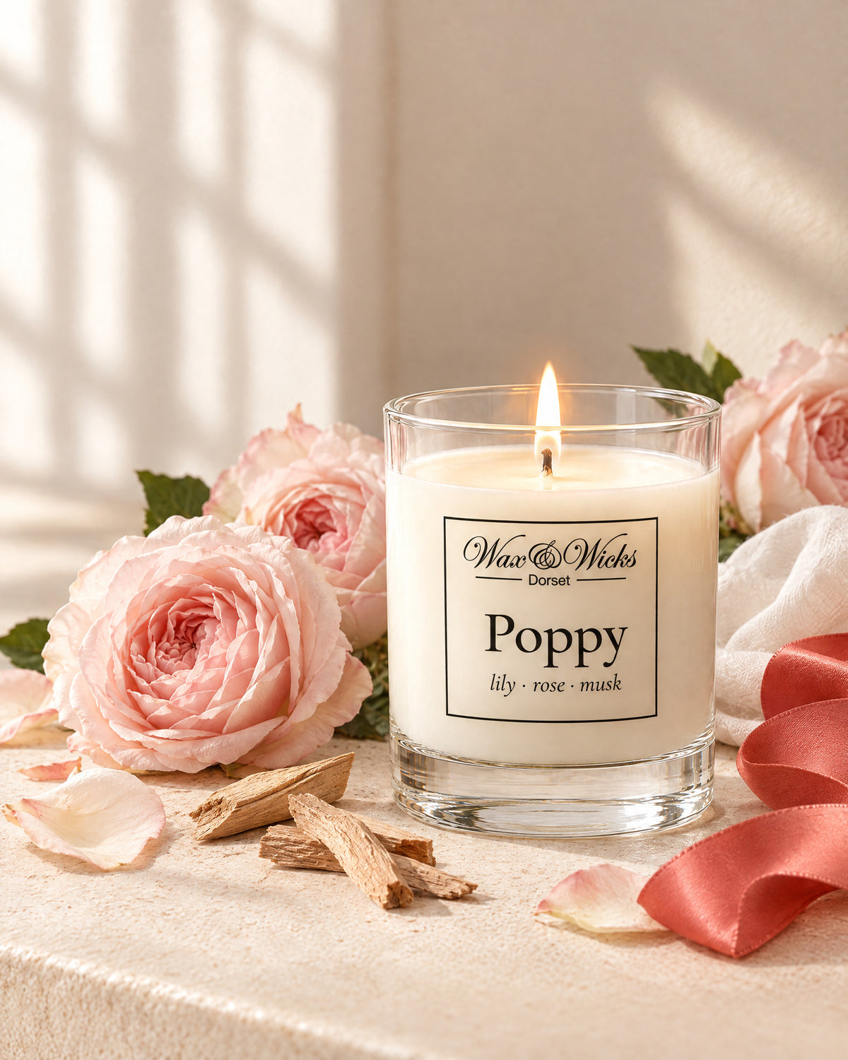 Small Poppy candle, one wick, in a clear glass jar, styled with pale pink garden roses, sandalwood chips, white muslin and a coral-red ribbon