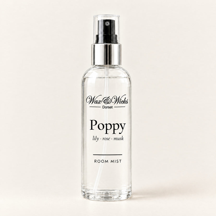 Poppy room mist, 100 ml spray bottle, on a plain ivory background