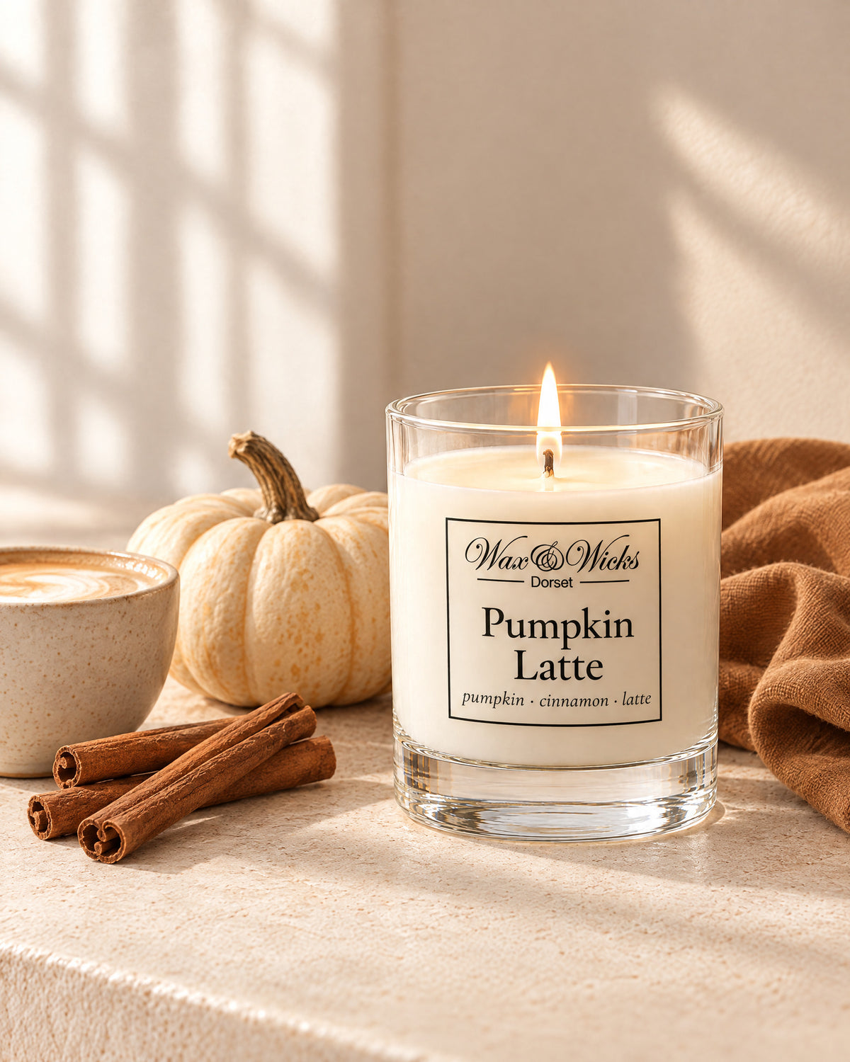 Small Pumpkin Latte candle, one wick, in a clear glass jar, styled with small pumpkins, cinnamon sticks and coffee beans