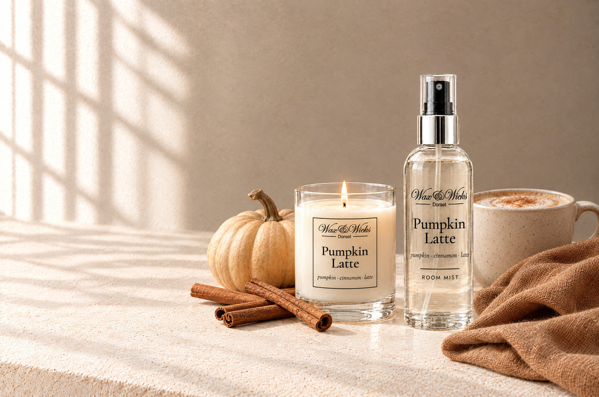 Pumpkin Latte candles and home fragrance together, styled with small pumpkins, cinnamon sticks and coffee beans