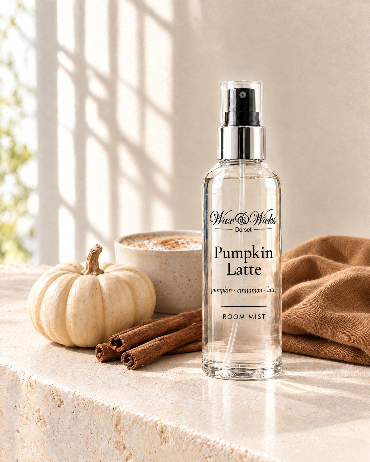 Pumpkin Latte room mist, 100 ml spray bottle, styled with small pumpkins, cinnamon sticks and coffee beans