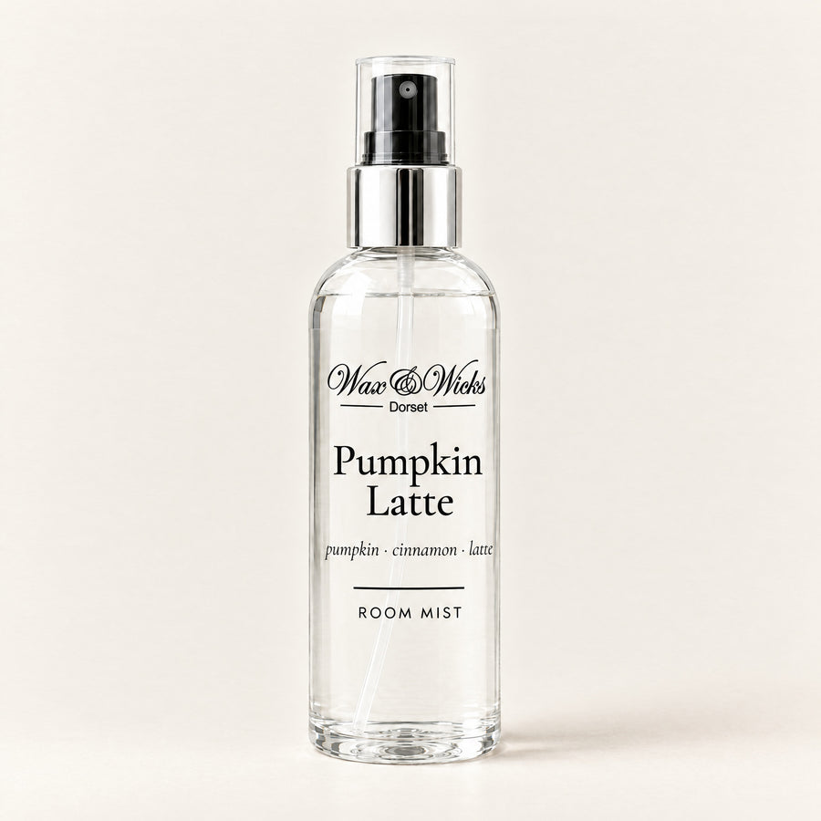Pumpkin Latte room mist, 100 ml spray bottle, on a plain ivory background