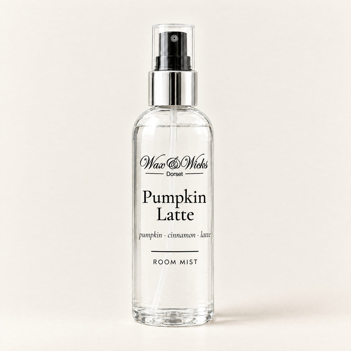 Pumpkin Latte room mist, 100 ml spray bottle, on a plain ivory background