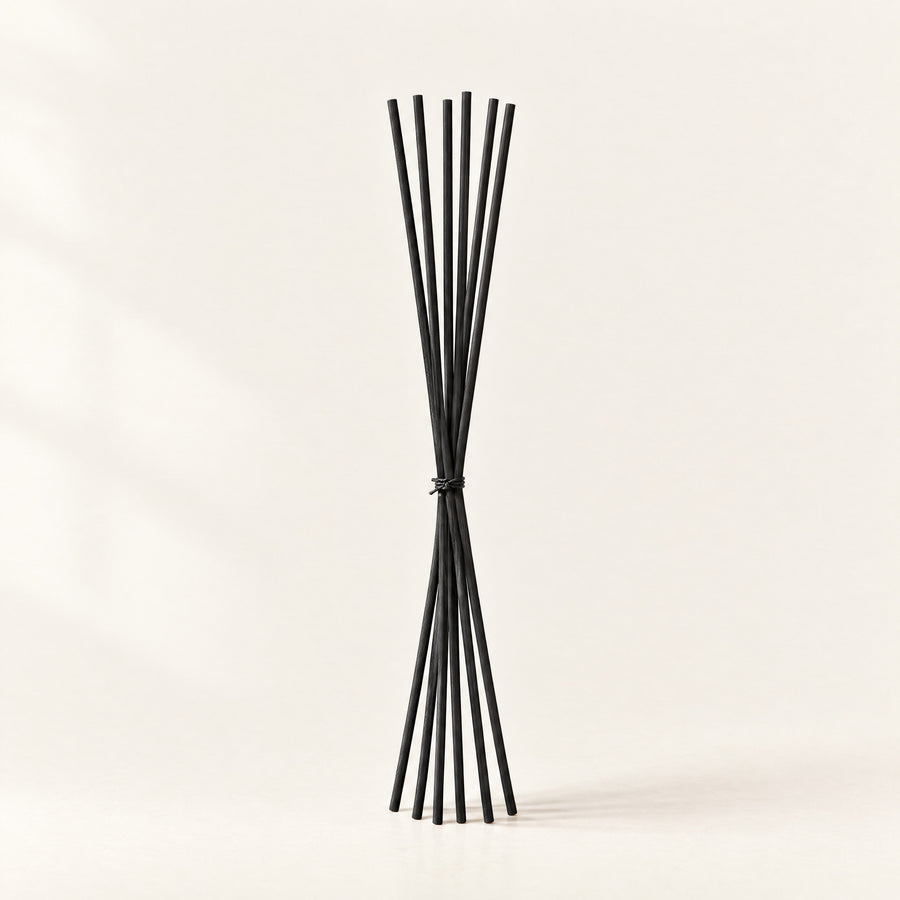 Bundle of black fibre replacement reeds tied with natural cord, standing on a plain ivory background