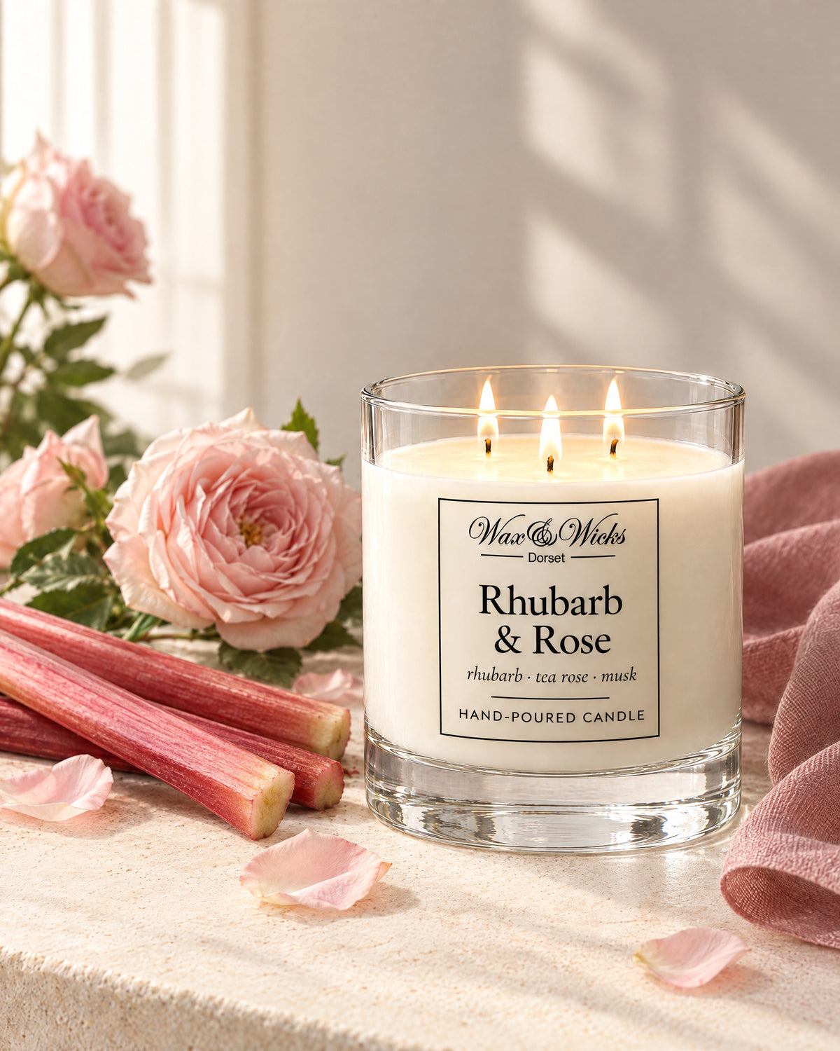 Large Rhubarb & Rose candle, three wicks, in a clear glass jar, styled with stalks of pink rhubarb, pale pink roses and rose petals, with a dusky pink linen