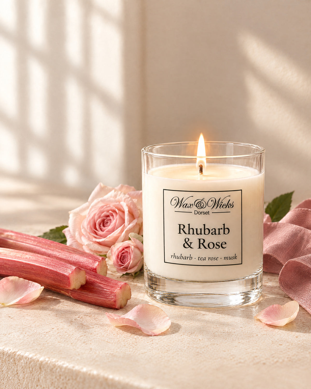 Small Rhubarb & Rose candle, one wick, in a clear glass jar, styled with stalks of pink rhubarb, pale pink roses and rose petals, with a dusky pink linen
