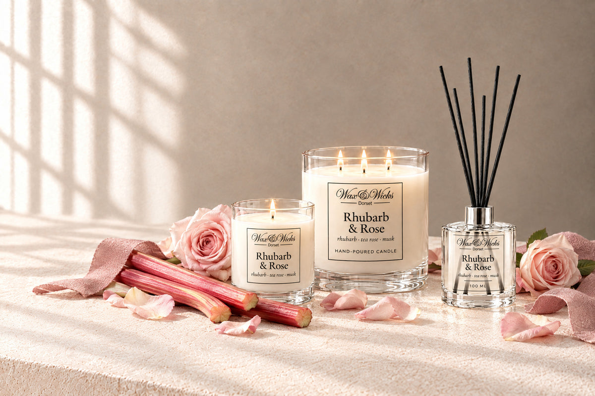 Rhubarb & Rose small and large candles and reed diffuser together, styled with stalks of pink rhubarb, pale pink roses and rose petals, with a dusky pink linen