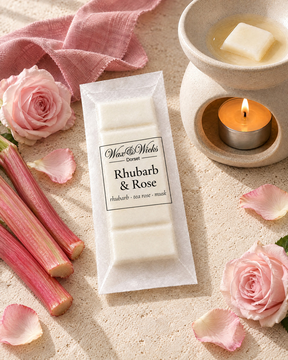 Rhubarb & Rose wax melt snap bar, beside a tea-light wax burner, styled with stalks of pink rhubarb, pale pink roses and rose petals, with a dusky pink linen