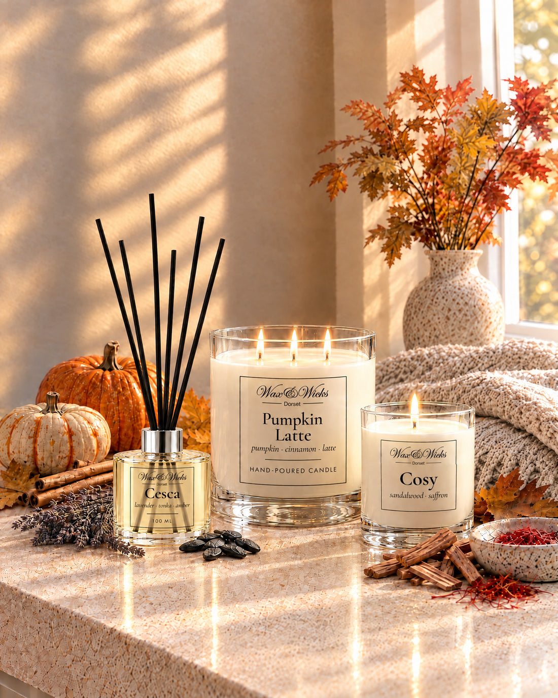 A Pumpkin Latte candle, a Cesca reed diffuser and a small Cosy candle, lit, with pumpkins, autumn leaves and a knitted throw in low golden light