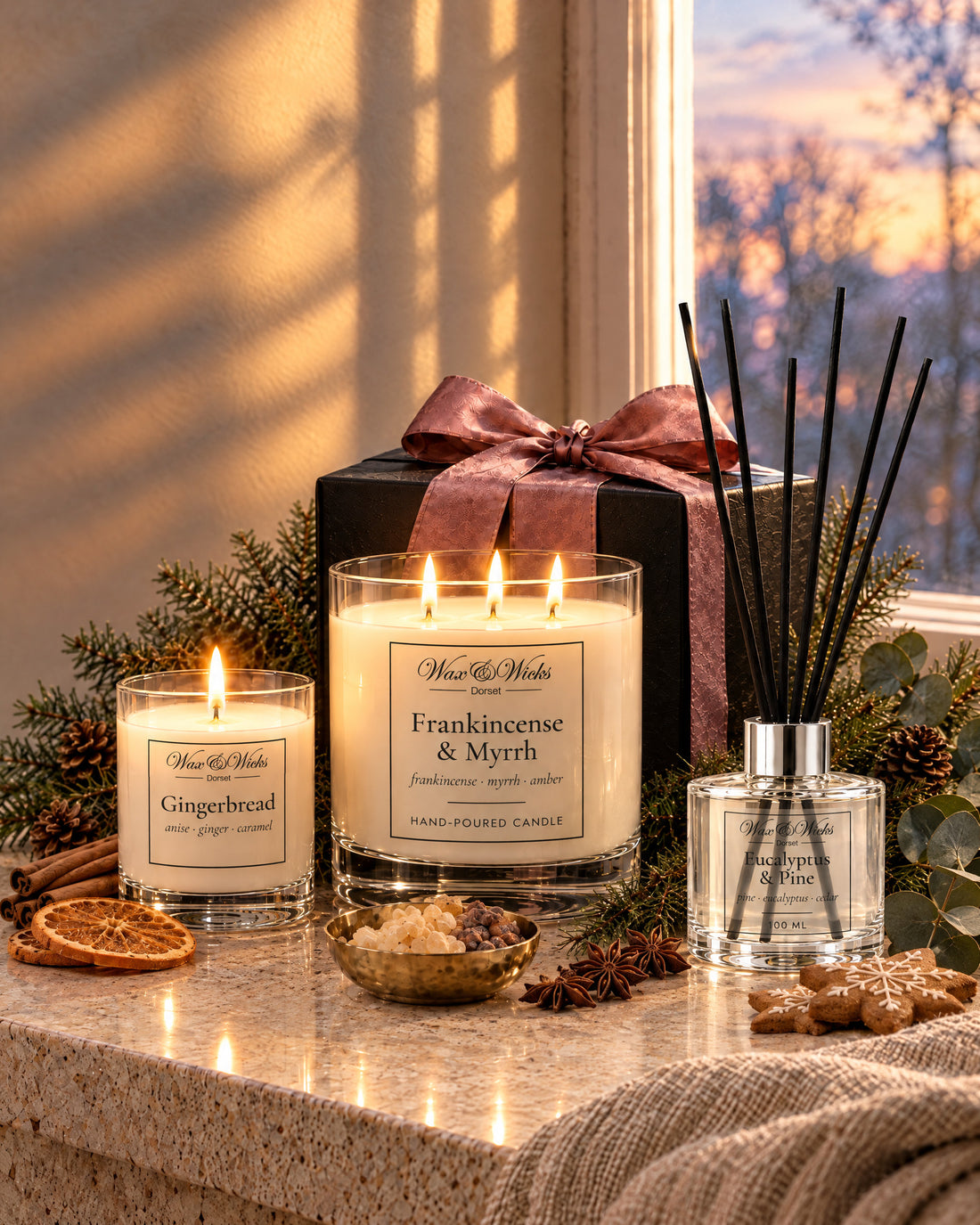A small Gingerbread candle, a large Frankincense & Myrrh candle and a Eucalyptus & Pine reed diffuser by a frosty window, with fir and a black gift box tied with an elegant ribbon and bow