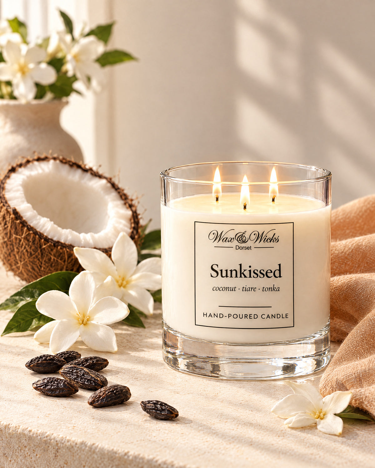 Large Sunkissed candle, three wicks, in a clear glass jar, styled with half a coconut, white tiare flowers and tonka beans, with a peach linen