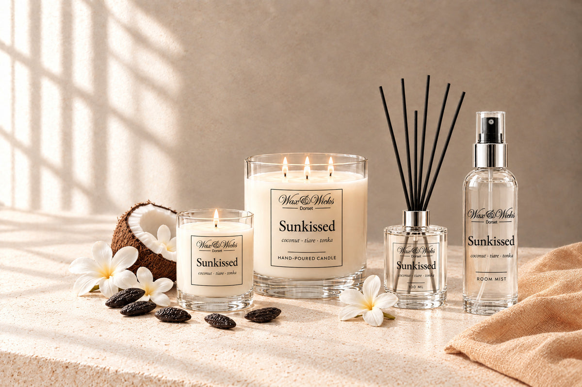 Sunkissed small and large candles, reed diffuser and room mist together, styled with half a coconut, white tiare flowers and tonka beans, with a peach linen
