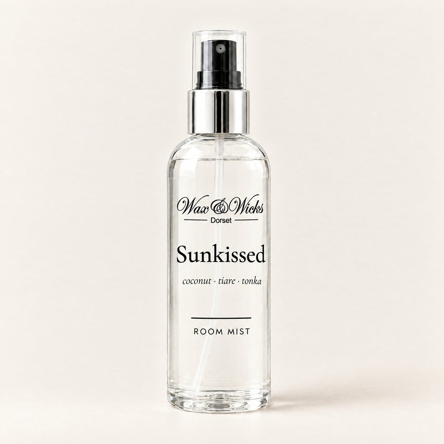 Sunkissed room mist, 100 ml spray bottle, on a plain ivory background