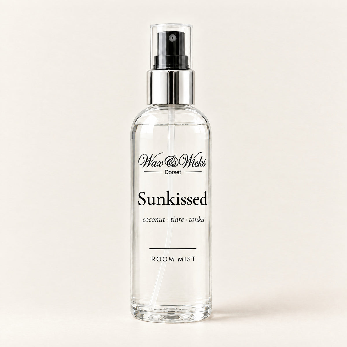 Sunkissed room mist, 100 ml spray bottle, on a plain ivory background