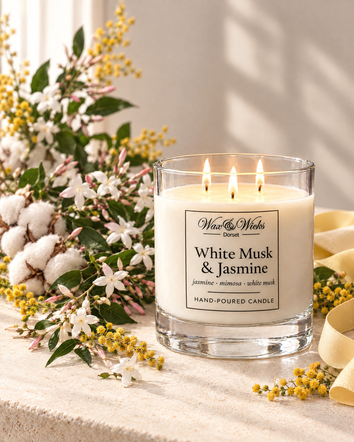 Large White Musk & Jasmine candle, three wicks, in a clear glass jar, styled with sprays of white jasmine, yellow mimosa and cotton flowers, with a pale yellow ribbon
