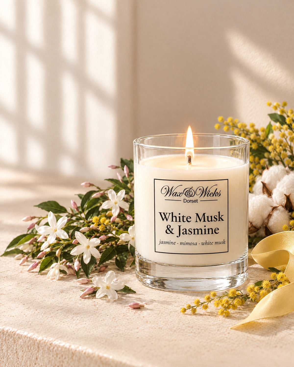 Small White Musk & Jasmine candle, one wick, in a clear glass jar, styled with sprays of white jasmine, yellow mimosa and cotton flowers, with a pale yellow ribbon