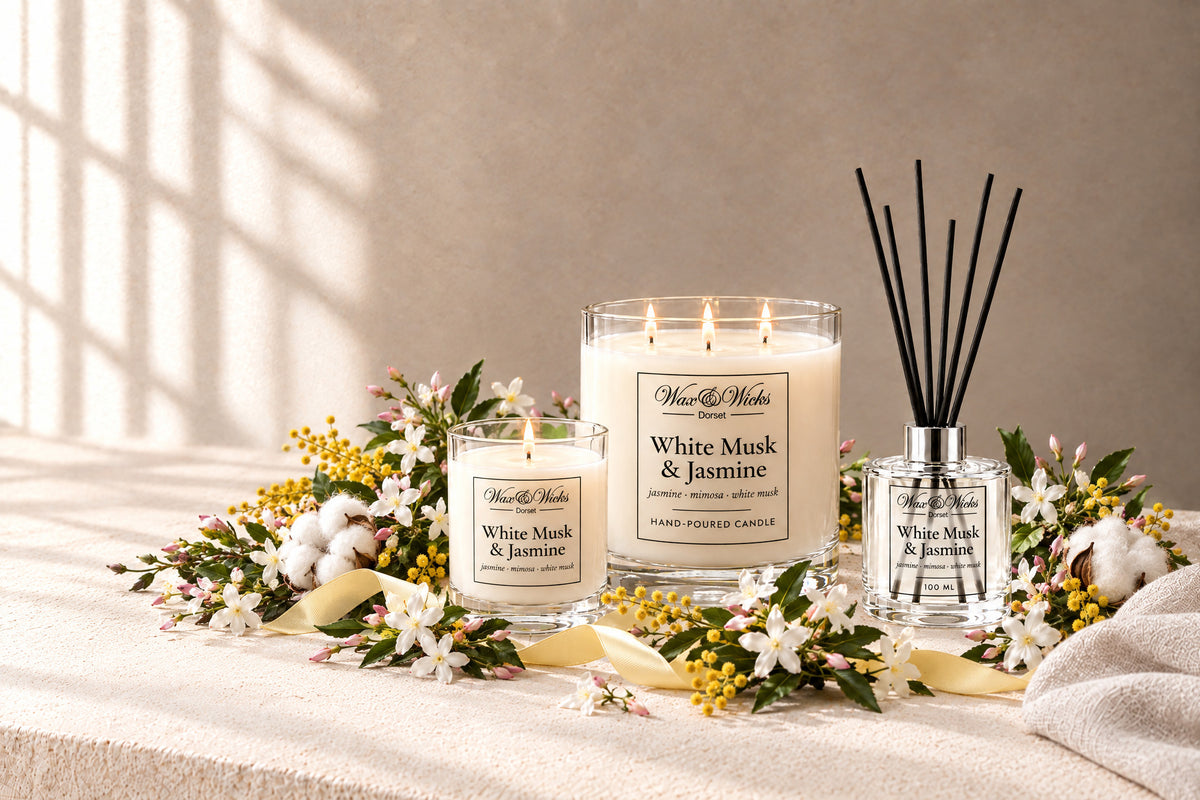 White Musk & Jasmine small and large candles and reed diffuser together, styled with sprays of white jasmine, yellow mimosa and cotton flowers, with a pale yellow ribbon