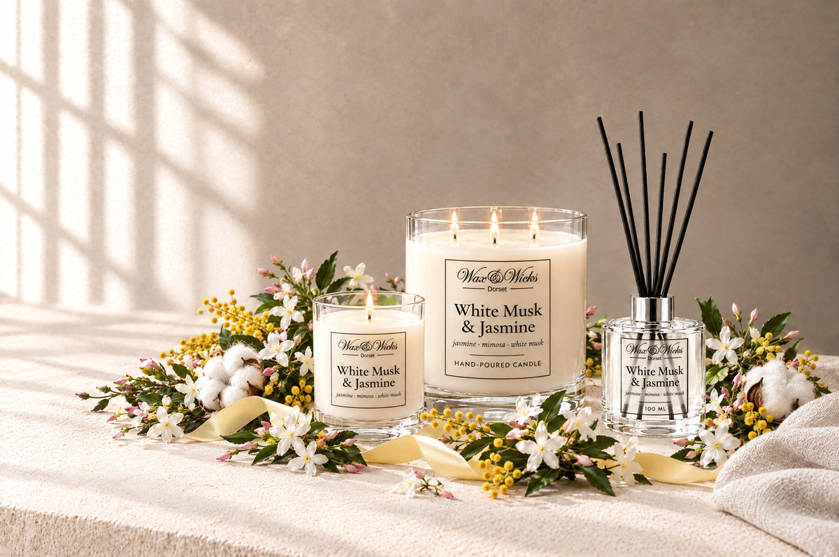 White Musk & Jasmine small and large candles and reed diffuser together, styled with sprays of white jasmine, yellow mimosa and cotton flowers, with a pale yellow ribbon