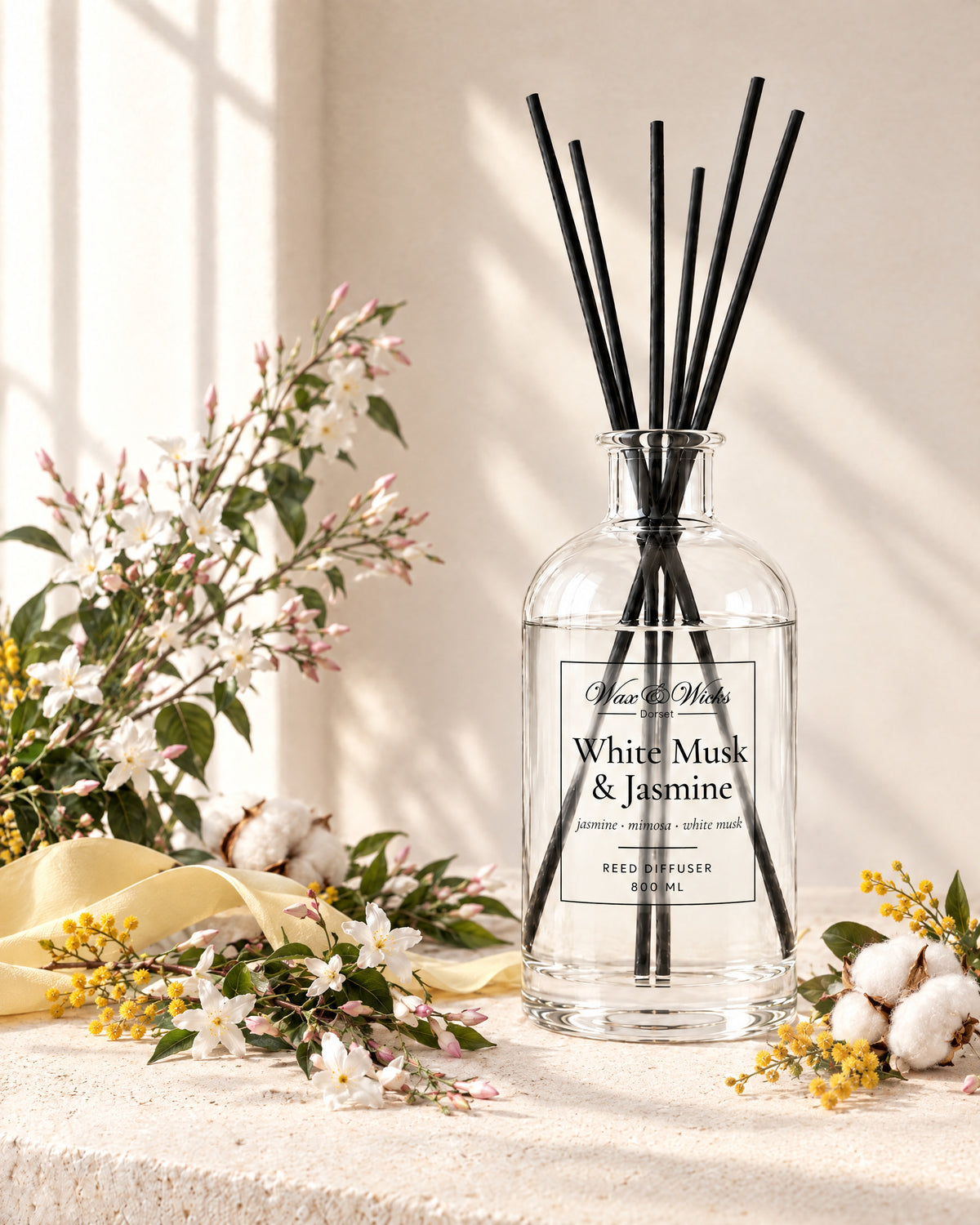 White Musk & Jasmine 800 ml large reed diffuser in apothecary-style glass with extra-long reeds, styled with sprays of white jasmine, yellow mimosa and cotton flowers, with a pale yellow ribbon