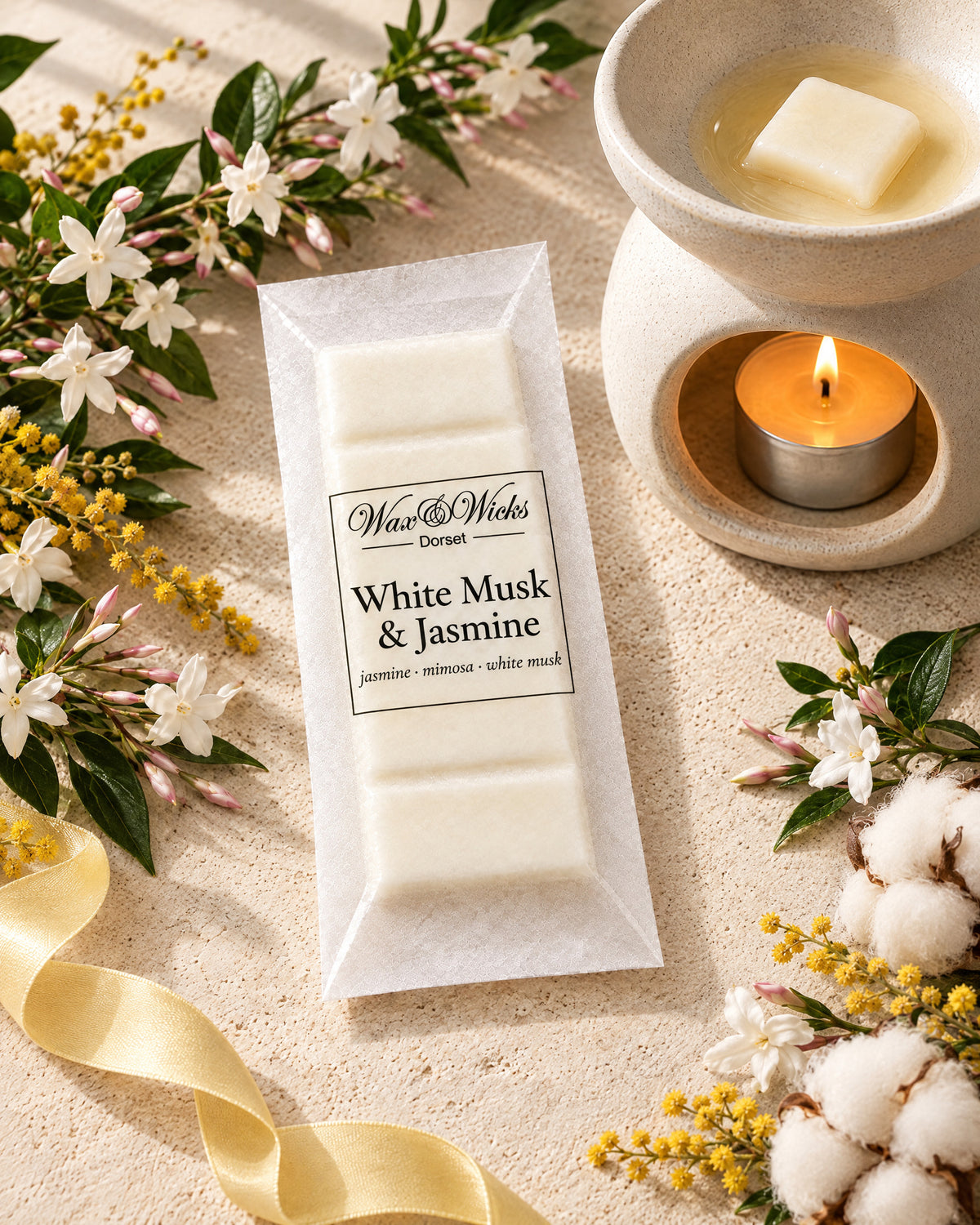 White Musk & Jasmine wax melt snap bar, beside a tea-light wax burner, styled with sprays of white jasmine, yellow mimosa and cotton flowers, with a pale yellow ribbon