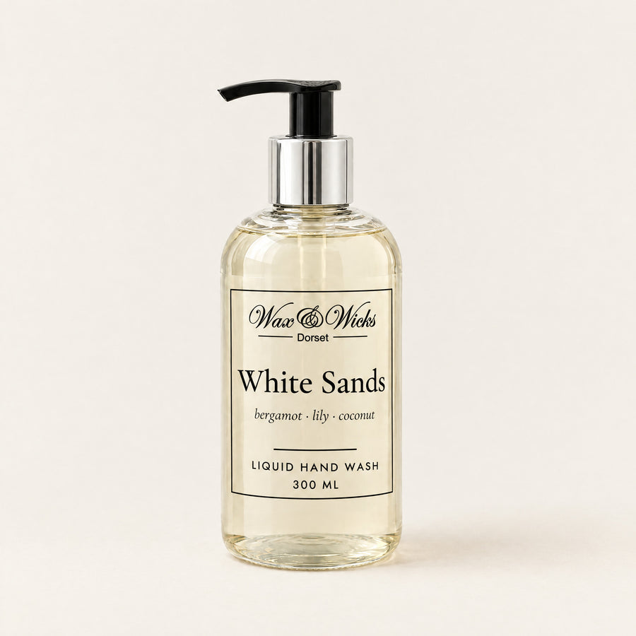 White Sands liquid hand wash, 300 ml pump bottle, on a plain ivory background