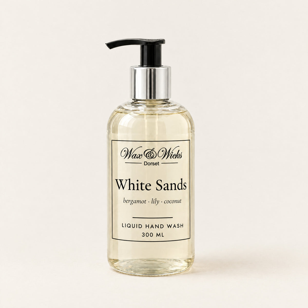 White Sands liquid hand wash, 300 ml pump bottle, on a plain ivory background