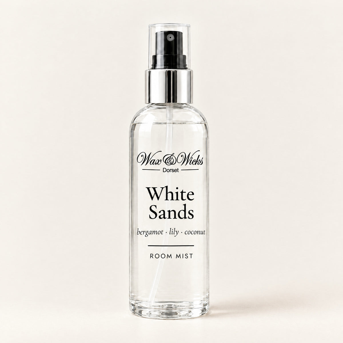 White Sands room mist, 100 ml spray bottle, on a plain ivory background