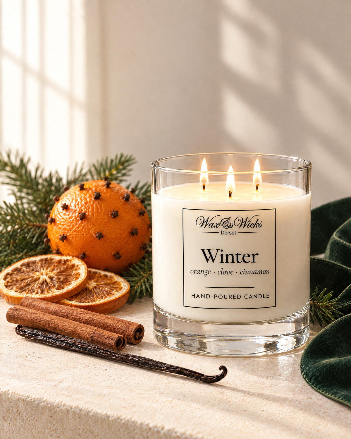 Large Winter candle, three wicks, in a clear glass jar, styled with a clove-studded orange, dried orange slices, cinnamon sticks and fir