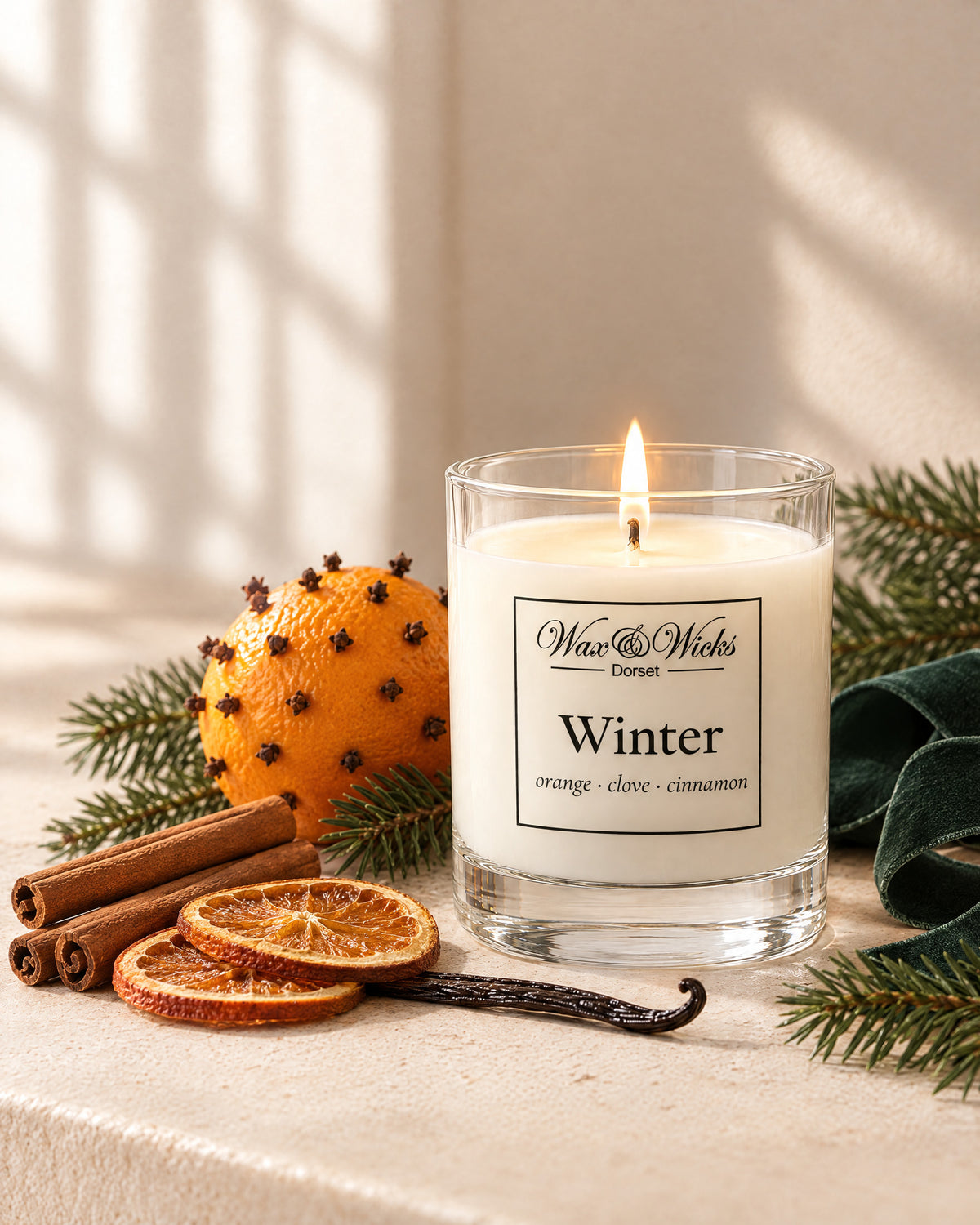 Small Winter candle, one wick, in a clear glass jar, styled with a clove-studded orange, dried orange slices, cinnamon sticks and fir