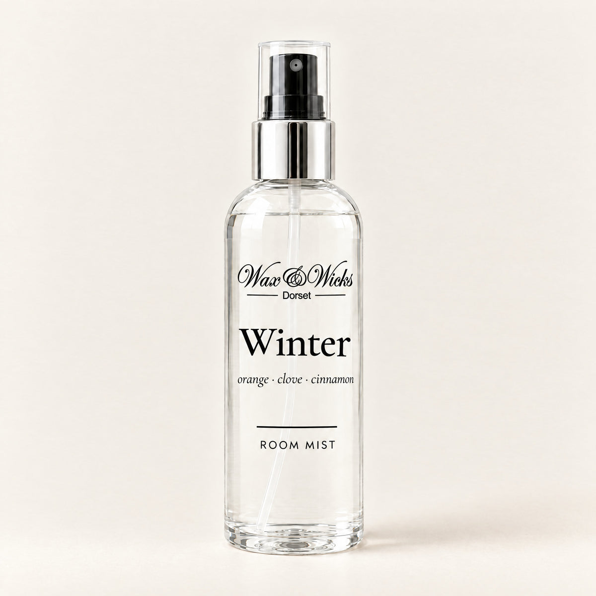 Winter room mist, 100 ml spray bottle, on a plain ivory background